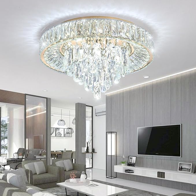 Modern Crystal Chandeliers for Dining Room LED Light Fixture Close to Ceiling Chandelier Flush Mount Ceiling Light Dimmable Lamp with Remote for Living Room Bedroom Hallway