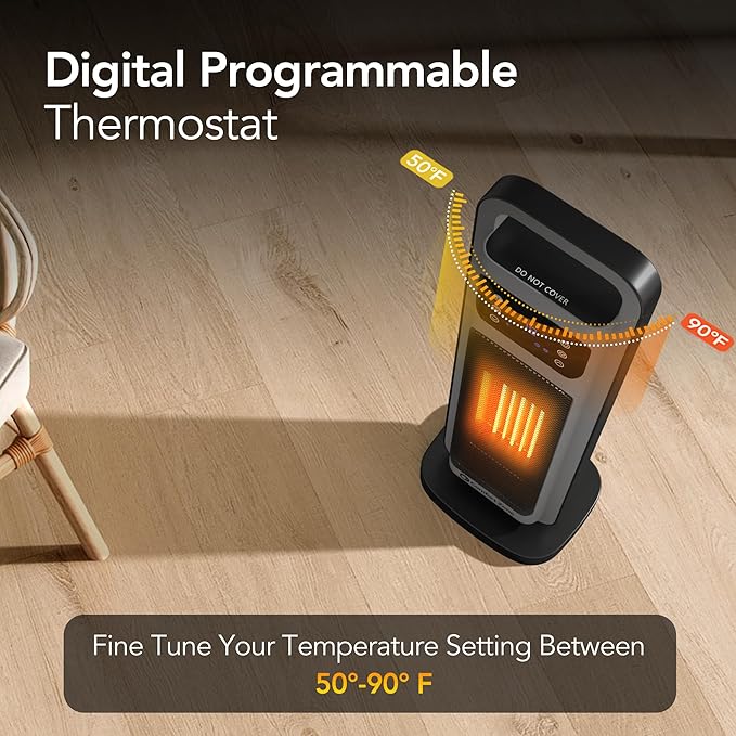 Comfort Zone Oscillating Digital Tower Heater with Remote Control for Indoor Use, Adjustable Thermostat, Timer, Overheat Protection, Tip-Over Switch, Ideal for Home, Bedroom, & Office, HT1206-GRY