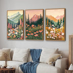 Tinonedraw Mountain Wildflower Framed Canvas Wall Art Set, Boho Mountains Landscape Wall Decor, Modern Floral Forest Scenery Artwork, Neutral Nature Art Prints for Living Room Bedroom Office 24"x36"x3