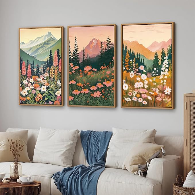 Tinonedraw Mountain Wildflower Framed Canvas Wall Art Set, Boho Mountains Landscape Wall Decor, Modern Floral Forest Scenery Artwork, Neutral Nature Art Prints for Living Room Bedroom Office 24"x36"x3