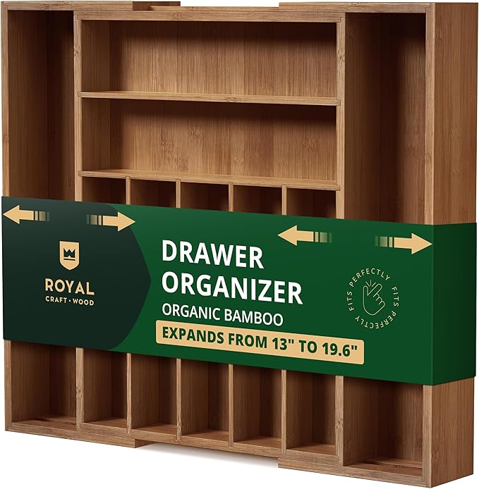 ROYAL CRAFT WOOD Luxury Bamboo Kitchen Drawer Organizer - Silverware Organizer - Utensil Holder and Cutlery Tray with Grooved Drawer Dividers for Flatware and Kitchen Utensils (9 Slot, Brown Bamboo)