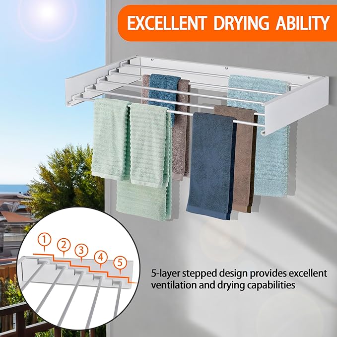 FOCHIER F Laundry Drying Rack Wall Mounted Clothes Drying Rack Collapsible with 5 Aluminum Rods and Drilling Template Long Screwdriver Bit 60 lbs Capacity (White, 31.5")
