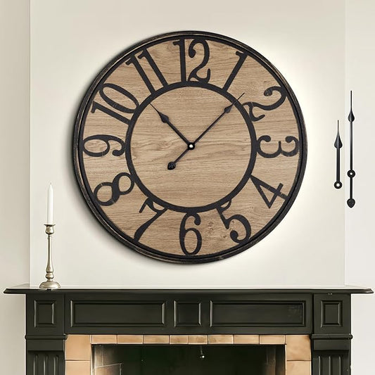 Large Wall Clock for Living Room Decor - Non-Ticking, Silent, Battery Operated Modern Vintage Wood Clock - Oversized Decorative for Bedroom, Kitchen, Farmhouse, Office