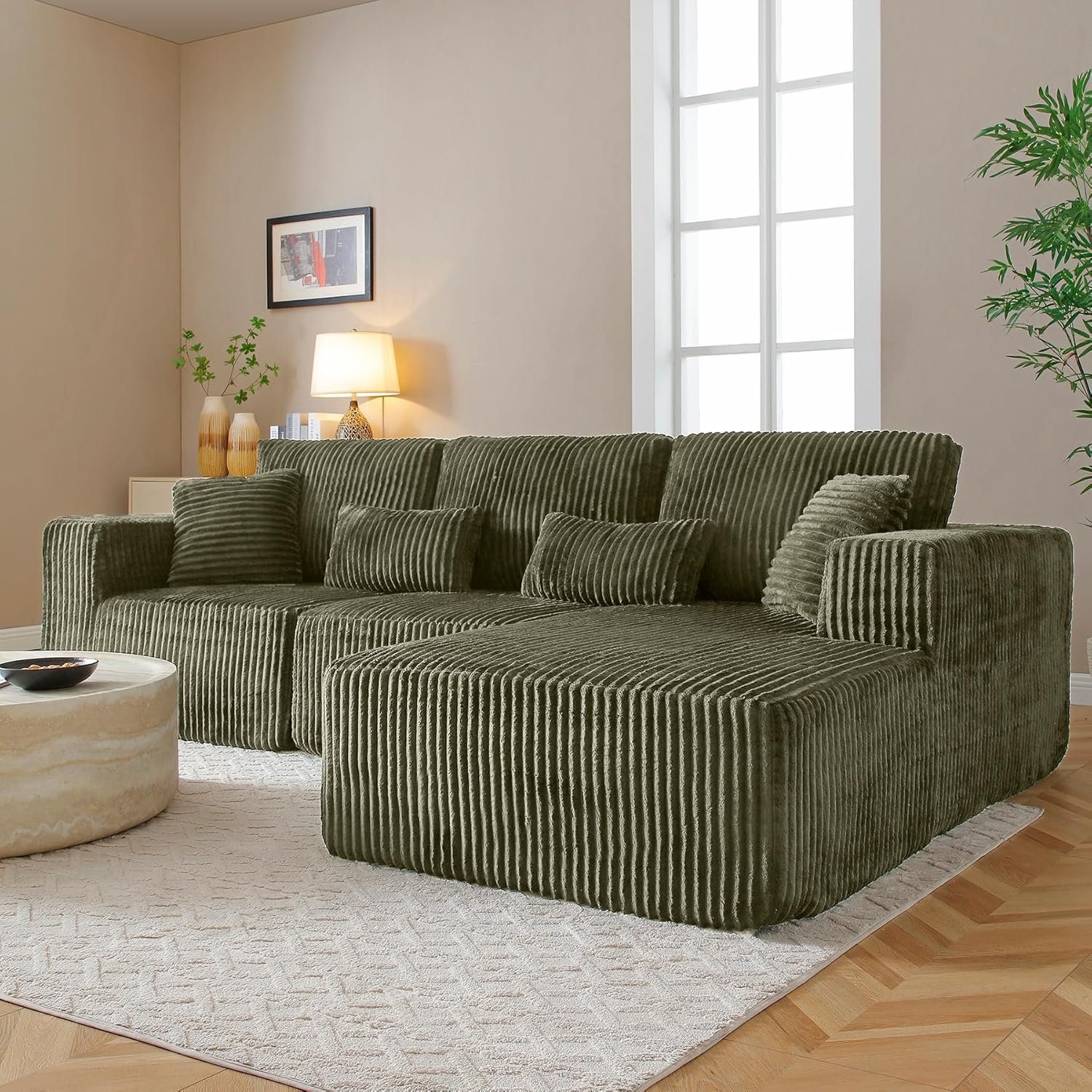 Modular Sectional Sofa Cloud Sectional Couch, 135" Comfy Fluffy L Shaped Olive Green Couches for Living Room, Deep Seat Memory Foam Plush Corduroy Boneless Couch Sectionals Right Facing Chaise Sofa