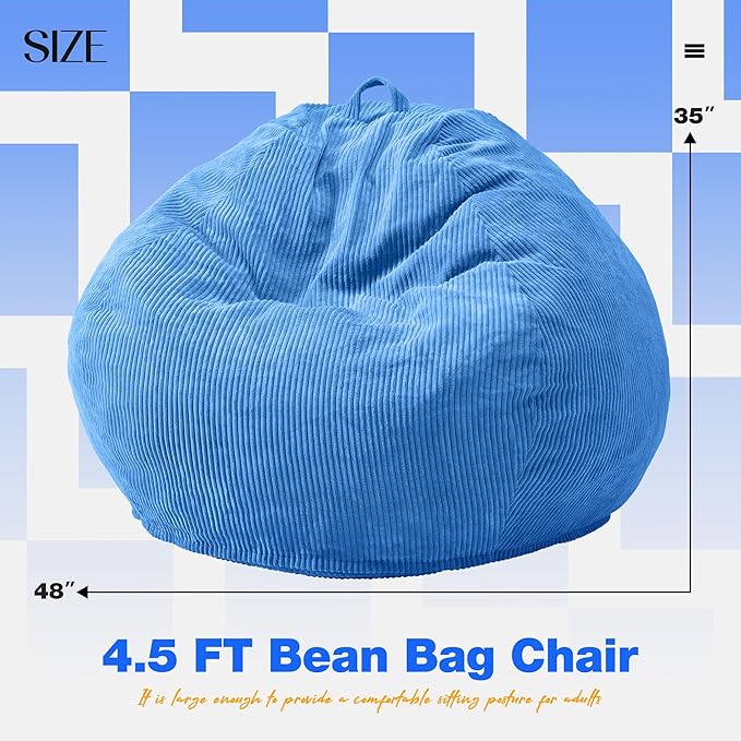 Hobestluk 4.5FT Bean Bag Chair Giant Bean Bag Chair with Filler Included Adult Bean Bag Chairs with Removable Cover for Bedroom Living Room (Jumbo, Blue)