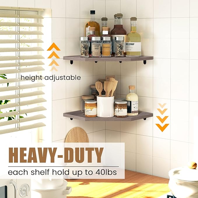 Corner Shelf Wall Mount, Corner Floating Shelves, Set of 4 Corner Wall Shelf Organizer, Rustic Wood Wall Storage Display Shelves for Living Room Bedroom Bathroom Kitchen, Rustic Grey