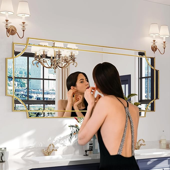 Kelly Miller Large Gold Full Length Mirror for Wall, 60"x30" Full Body Mirror Beveled Scalloped Modern Elegant Home Decor for Bedroom Living Room Bathroom Dressing Room Entryway Hallway