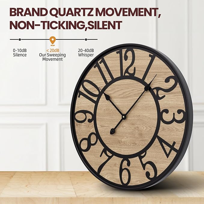 Large Wall Clock for Living Room Decor, Non Ticking Silent, Battery Operated Modern Vintage Wood Oversized Decorative Wall Clock for Bedroom Kitchen Farmhouse Office Decor