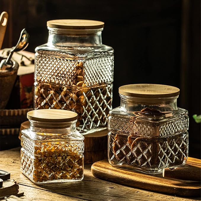 Glass Storage Jar, 38 FL OZ Glass Food Storage Canisters with Bamboo Lid, Kitchen Containers Decorative Jar Airtight Glass Jars For Cereal Nuts Snack Candy Cookies Coffee Tea