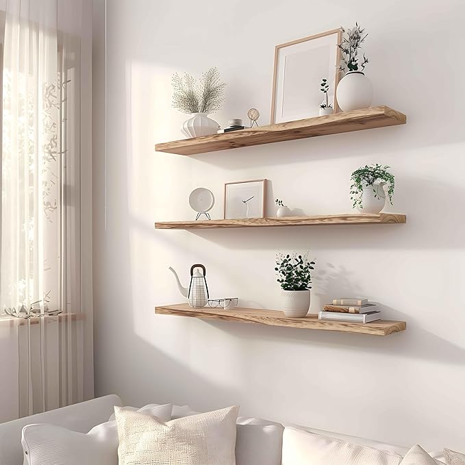 Wood Floating Shelves for Wall, Rustic Wall Shelves for Bedroom, Wall Mounted Floating Shelf, Set of 4 Light Walnut 36 Inch