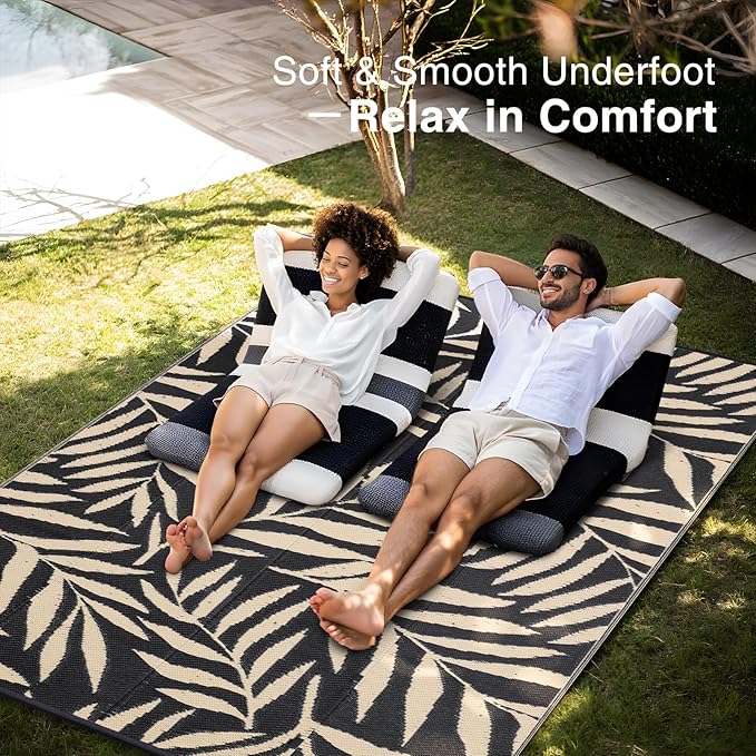 OLANLY Waterproof Outdoor Rug 9x12 ft, Reversible Outdoor Plastic Straw Rug with Leaf Pattern, RV Mat, Indoor Outdoor Carpet for Patio, Camping, Balcony, Deck, Backyard, Black & Beige