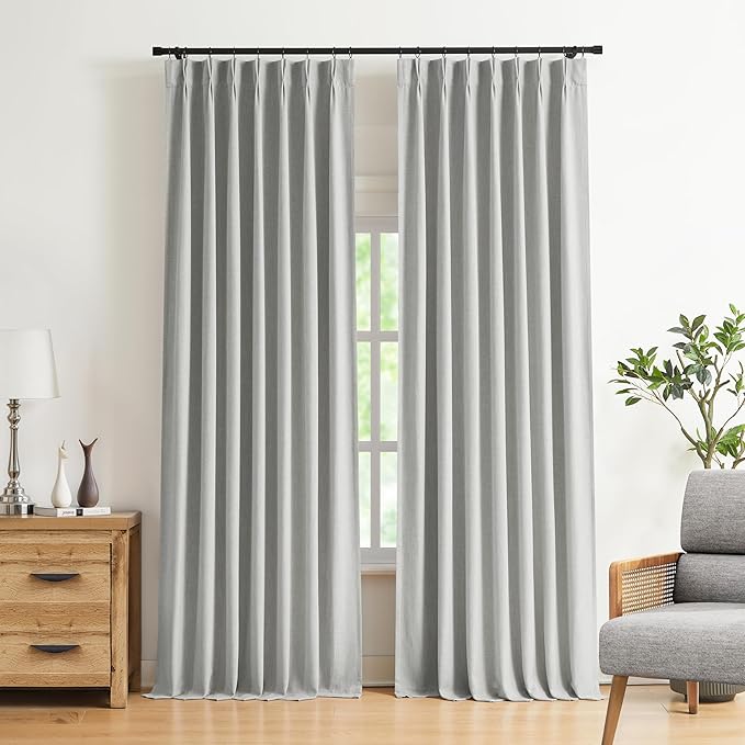 Vision Home Light Gray Pinch Pleated Full Blackout Curtains Linen Blended Room Darkening Curtain Panels 112 inch for Living Room Bedroom Thermal Insulated Pinch Pleat Drapes with Hooks 40" Wx112 Lx2