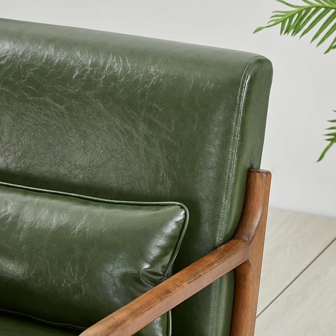 Glitzhome 2 Set Mid Century Hunter Green Accent Armchair, Single Reading Armchair PU Leather Lounge Chair with Walnut Ruberwood Frame