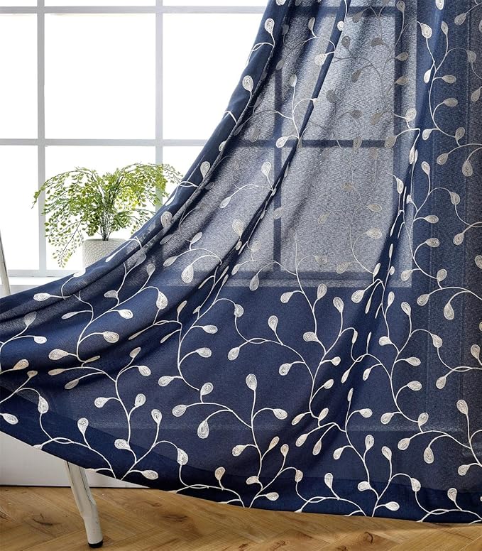 MIUCO Floral Embroidered Semi-Sheer Curtains Faux Linen Grommet Window Panels for Doors 52 x 95 Inch 2 Panels, Navy Blue