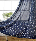 MIUCO Floral Embroidery Semi Sheer Curtains Faux Linen Grommet Window Curtains for Living Room 52 x 63 Inch 2 Panels, Navy Blue
