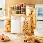 42oz - 4 Pack Square Glass Jars with Bamboo Lids, Glass Food Storage Containers with Airtight Lids for Kitchen, Air Tight Pantry Storage Containers for Cereal, Pasta, Rice, Sugar, Coffee, Spice
