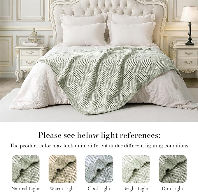 Amélie Home Chenille Knit Throw Blanket for Couch, Checkered Texture Decorative Soft Blanket for Sofa, Bed & Living Room, 50"x60", Sage Green & White