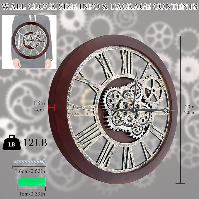 HOIBAI Wall Clock, Clocks for Living Room Decor 20 Inch Big Moving Gears Clock Farmhouse Vintage Rustic Wall Clock Vintage Roman Oversized for Home Bedroom House Kitchen Wall Decor