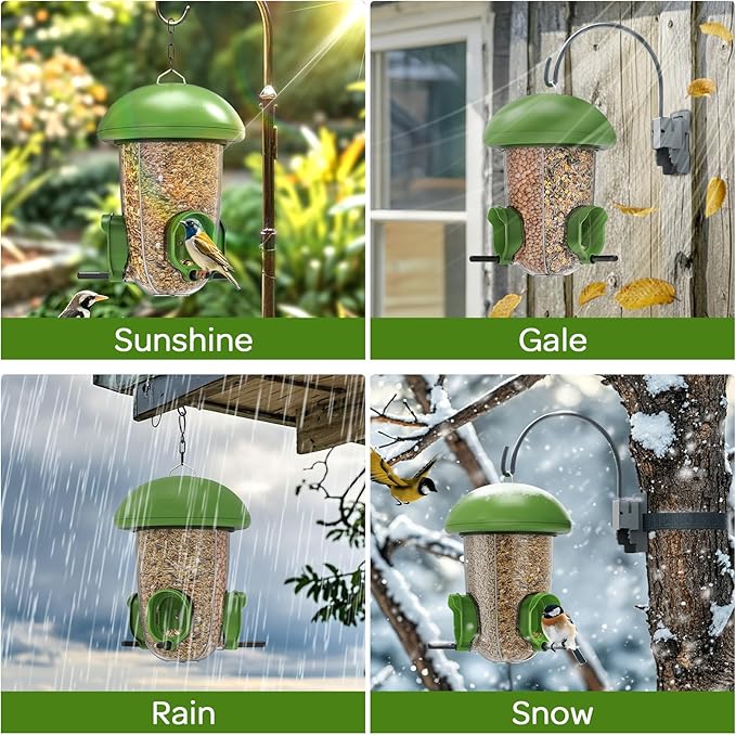 LONA Bird Feeders for Outdoors Hanging – 3 Separate Compartments, 3 Feeding Ports, Weatherproof Dome & 3 Ways to Hang, Large Capacity for Cardinals/Finches (Green，Plus