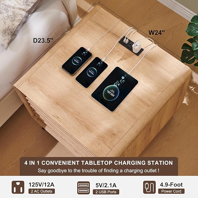 RedLemon 24 Inch Nightstand Set of 2 with Charger Station - Natural Oak