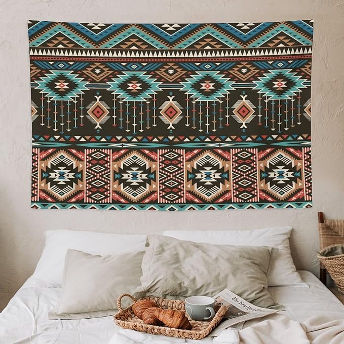 HZOHNAGO Aztec Tapestry Turquoise Blue and Brown and Native American Tribal Pattern Printed Wall Tapestry Wall Hanging for Bedroom Living Room Dorm 60" W x 40" H
