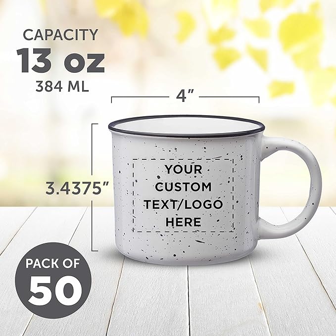 DISCOUNT PROMOS Custom Ceramic Campfire Coffee Mugs 13 oz. Set of 50, Personalized Bulk Pack - Perfect for Tea, Espresso, Cappuccino, Hot Cocoa - White