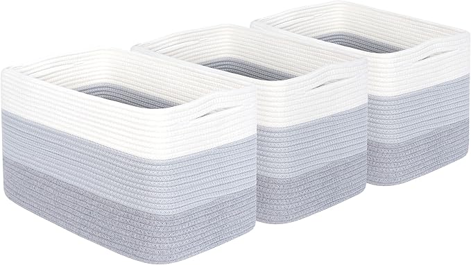 MINTWOOD Design 3-Pack Storage Baskets for Shelves, Playroom and Classroom, Book Basket, Decorative Storage Cube Bins, Woven Closet Organizers, Pantry and Shoe Organizer, 3-Tone Grey