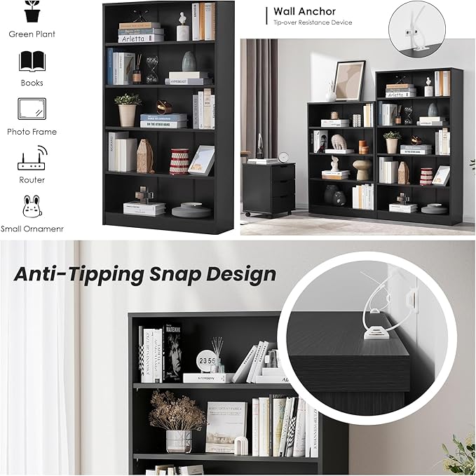 Bookshelf, Open Modern Bookshelf, 5 Shelf Bookcase with Freestanding Display Storage, Wooden Book Shelf for Bedroom, Living Room, Dinning Room, Office, 60 Inch, Black