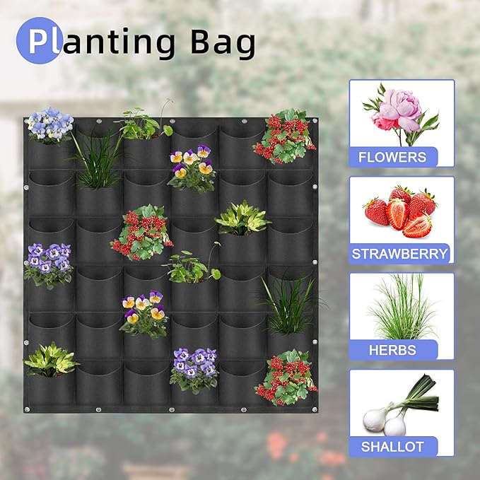 36 Pockets Hanging Planter Bags, Hanging Vertical Wall Mounted Plant Planting Grow Bags, Herb Garden Planter Outdoor Indoor Growing Bag, Gardening Vertical Greening Flower Container(1m×1m, Black)