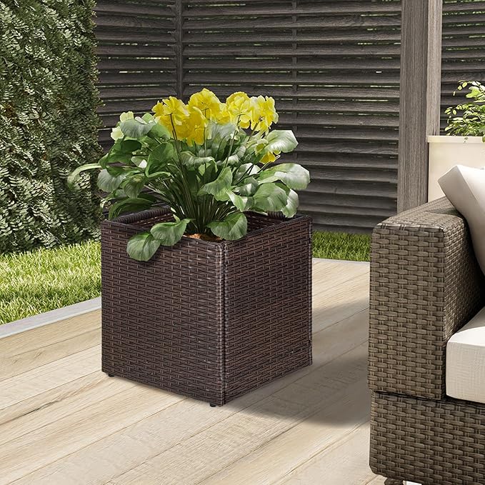 SUNNYPARK Set of 2 Large Square Planter with Removable Liner, All-Weather PE Rattan Modern Planters Indoor Outdoor Flower Plant Pots Garden Box Patio Yard Front Porch Deck