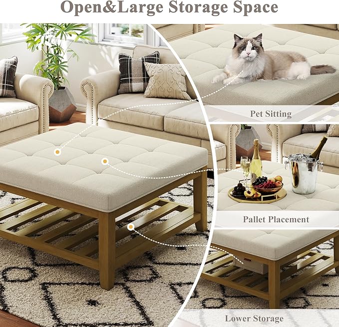 Large Square Ottoman Coffee Table, Linen Solid Upholstered Footrest Ottoman with Solid Wood Shelf Storage Tufted Coffee Table for Bedroom Living Room, Ivory