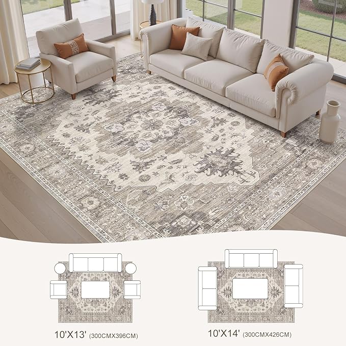 Washable Area Rugs for Living Room -10x13 Neutral Vintage Distressed Floral Farmhouse Boho Large Soft Floor Rug Indoor Non Slip Carpet for Living Room Bedroom Dining Room Office-Brown/Beige