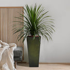WORTH Garden 28" Large Metal Glazed Planter Set of 2, Luxurious Glossy Finish Green Tall Square Tapered Steel Plant Pots, Decor Flower Pot Indoor & Outdoor, Drainage Hole & Dual-Purpose Plant Saucer