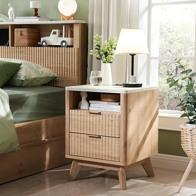 T4TREAM Fluted Nightstand with Charging Station, 18" Modern Side Table with Faux Marble Top, 2 Drawers End Table w/Storage, Bedside Table for Bedroom, Living Room, Curved Profile Design, Natural Oak
