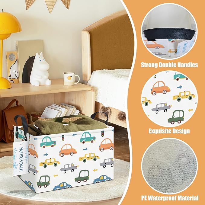 LANGYASHAN Rectangular Storage Bin Collapse Canvas Fabric Cartoon Storage Basket with Handles for Organizing Home Kitchen Boys and Girls Toys Office Closet Shelf Baskets(Rec Color Cars)