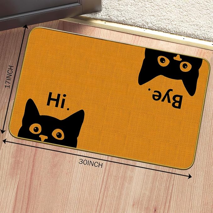 Mingnei Hi Bye Cat Welcome Doormat - Funny Black Cat Lover Floor Mat for Home, Kitchen, Entrance - Indoor/Outdoor Entryway Rug 30x17 (Orange)