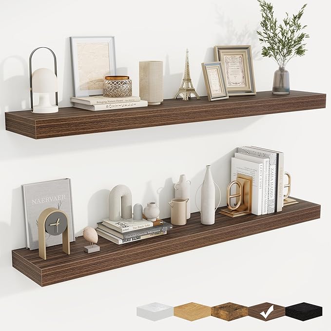 fuqing Floating Shelves for Wall, Bathroom Shelf Wall Mounted for Storage, Shelves with Invisible Bracket for Bedroom, Kitchen, Living Room, Farmhouse Small Book Shelf, 48 Inch Set of 2, Walnut
