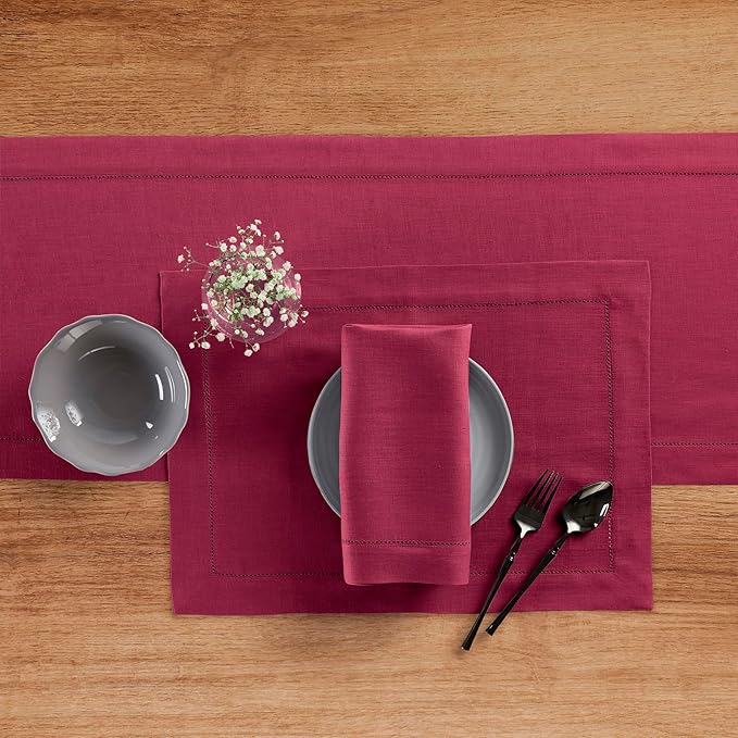 Solino Home Linen Table Runner 60 Inches - 100% Pure Linen Beet Hemstitch Table Runner 14 x 60 Inch Ideal for Dresser and Coffee Tables - Fall, Autumn, Thanksgiving - Classic Hemstitch