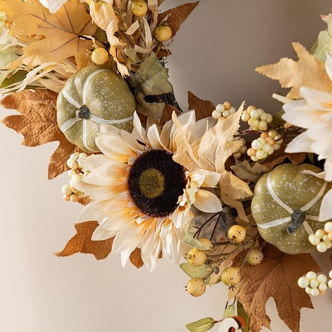 Glitzhome 24''D Artificial Fall Wreath for Front Door, Autumn Wreath with Sunflower, Pumpkin and Leaf, Metal Hanger for Farmhouse Indoor Outdoor Window Wall Door Decor