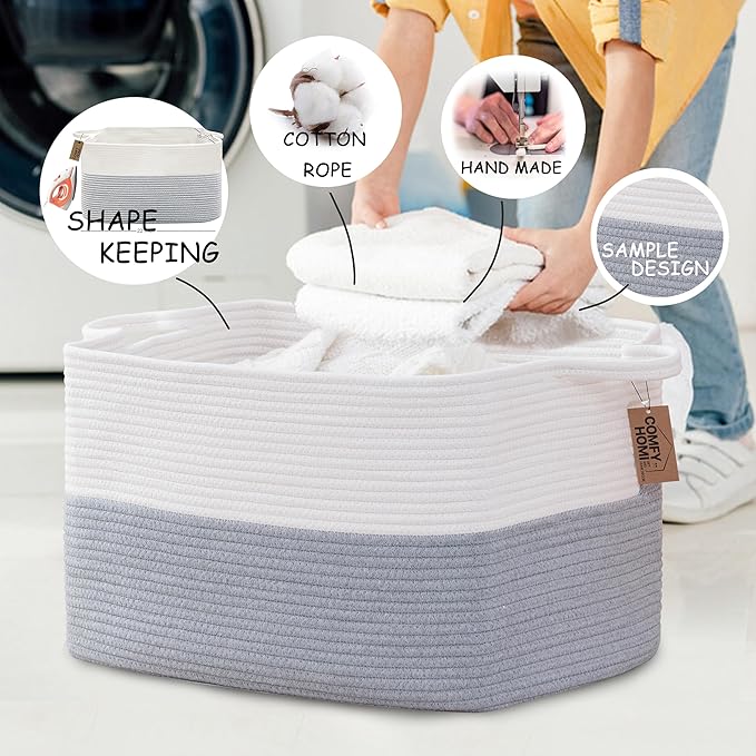 COMFY-HOMI Large Rectangle Laundry Storage Basket | Cotton Rope Woven, Organizing with Handle | Dirty Cloth & Baby Shower Basket | 22x15x12' - White/Grey