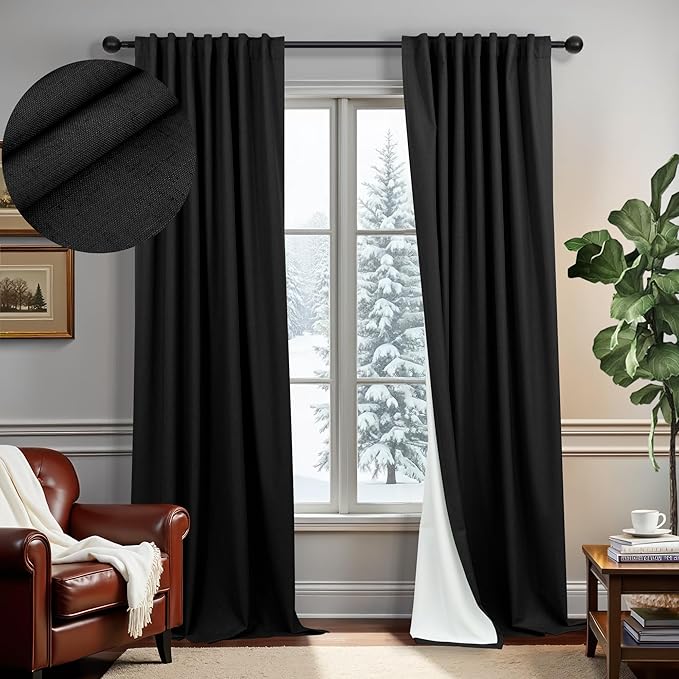 Black Linen Blackout Curtains for Living Room 96 Inches Long 2 Panels Set Back Tab Pleated Textured Thick Drapes Thermal Curtain for Summer Heat Floor Length Bedroom Black Out Curtain Modern Farmhouse