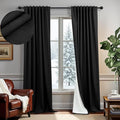 Black Linen Blackout Curtains for Living Room 96 Inches Long 2 Panels Set Back Tab Pleated Textured Thick Drapes Thermal Curtain for Summer Heat Floor Length Bedroom Black Out Curtain Modern Farmhouse