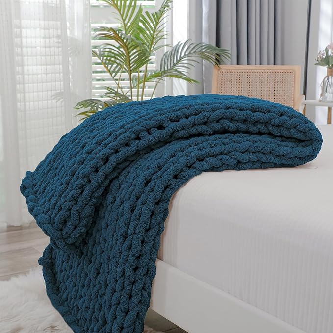 Bigacogo Chunky Knit Throw Blanket for Couch, 40x60 inches, 100% Hand Knitted with Thick Jumbo Chenille Yarn, Cozy Soft Large Rope Knot Cable Crochet Blankets for Sofa Bed Living Room, Deep Sea Blue