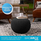 BIRDROCK HOME Round Pouf Ottoman | Cotton Braided Foot Stool with Bean Bag Filling | Boho Foot Rest for Living Room & Bedroom | Compact & Comfortable Seating, Lightweight & Soft | Charcoal