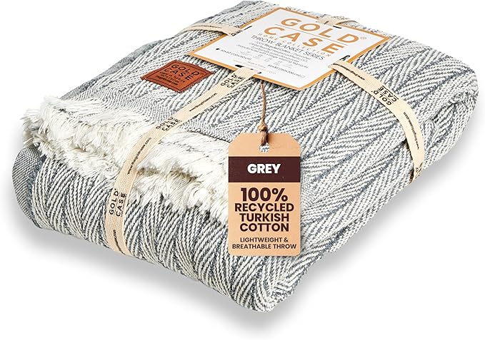 Gold Case Throw Blanket for Couch – 100% Recycled Turkish Cotton Blankets & Throws – Elegant Decorative Throw Blankets for Living Room Sofa – Woven Throws for Couch – Vintage Grey – 50x60