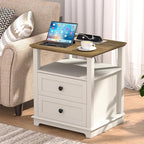 HIFYOBRO End Table with Flip Top Charging Station and 2 Drawers, Type-C & USB Port & Power outlets, Wooden Storage Cabinet, Large Side Table with Storage for Living Room and Bedroom (White)