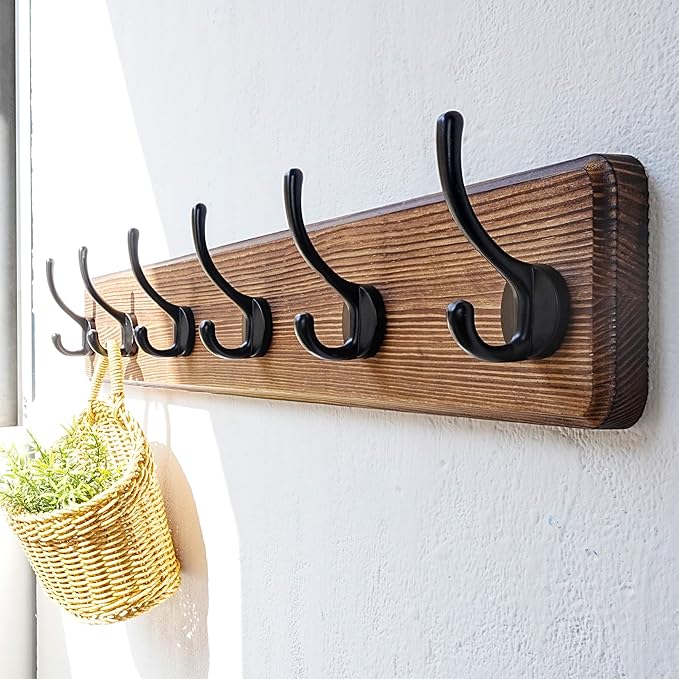 Dseap Wall Mounted Coat Rack: 24" Long, Patented, Heavy-Duty, 6-Double-Hooks Wooden Hanger Rail for Winter Coats, Hat, Jacket, Clothing - Natural & Black, Pack of 2