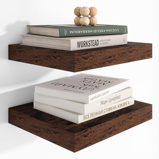 Heimlove 12 Inch Deep Floating Shelves, 12 x 12 inches Long Wall Shelf, Large Extra Display Shelf & Storage Shelf, Rustic Wood Wall Shelves for Fireplace Mantel, Brown - 2Pack