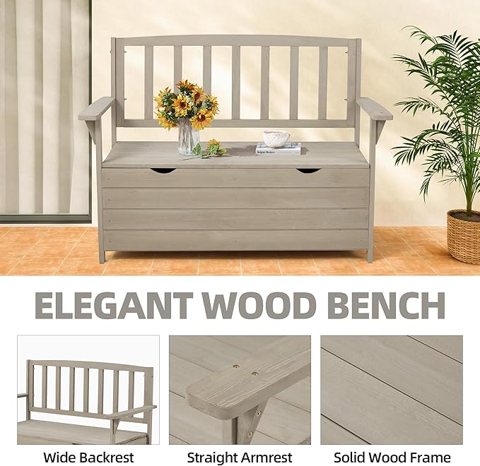 AVAWING Outdoor Storage Bench, Wooden Garden Bench Weatherproof, Patio Benches for Outside, 2-Seat Front Porch Bench, Park Bench for Deck, Lawn, Backyard (Light Gray)