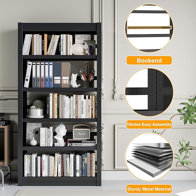 5 Tier Adjustable Black Bookcase, Metal Small Bookshelves and Bookcases, 61" H Display Modern Bookshelf for Living Rooms, Bedrooms, Home Offices, 10 Minutes Assemble